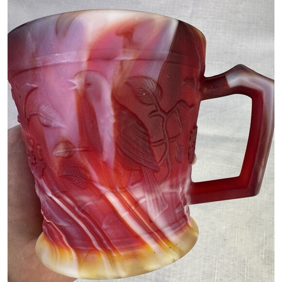Imperial Glass End Of Day Slag Glass Mug Robins & Flowers Red Yellow White MINT - Picture 4 of 15